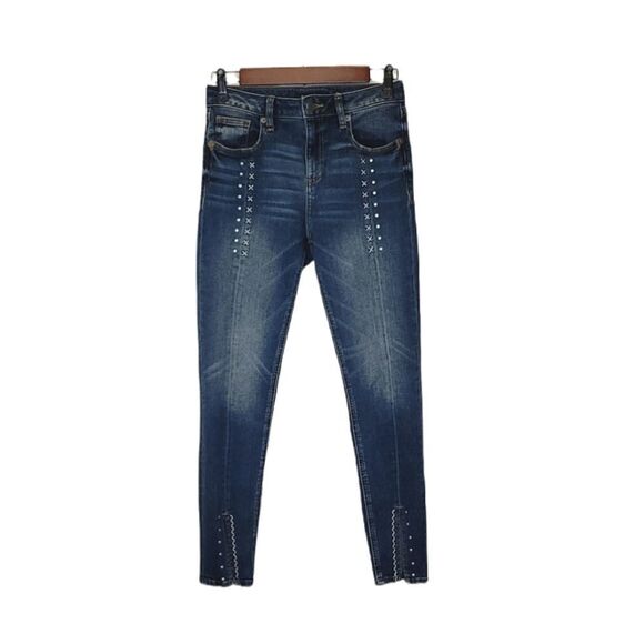 Miss Me Blue Embellished Faded Ankle Skinny Slit Hem Denim Jeans Size 26 - Picture 1 of 9
